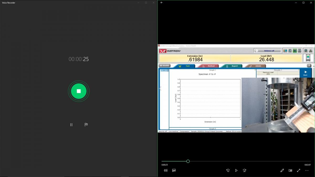 Screenshot of recording of Experimental Mechanics of Materials Lab - Wood Compression